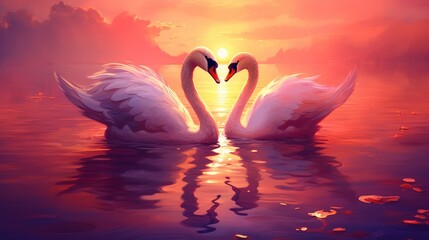 Two Swans Over Lake on Sunset Background, The romance of a white swan with a clear beautiful landscape. Generative AI - obrazy, fototapety, plakaty