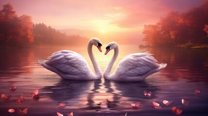 Two Swans Over Lake on Sunset Background, The romance of a white swan with a clear beautiful landscape. Generative AI