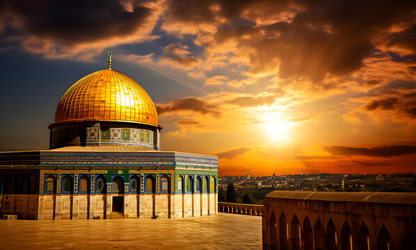 Al Aqsa Mosque or Dome of the Rock in Jerusalem, Palestine Israel. Sunset scene. The mosque where the Prophet's Isra and Mi'raj