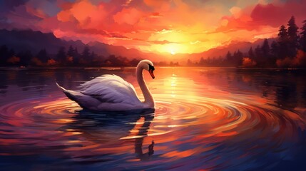 Swans Over Lake on Beautiful Sunset Background, Generative AI