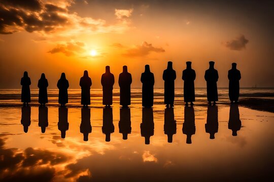 A captivating silhouette image capturing Muslim individuals in prayer during sunset, symbolizing the spiritual journey and devotion of Ramadan.
