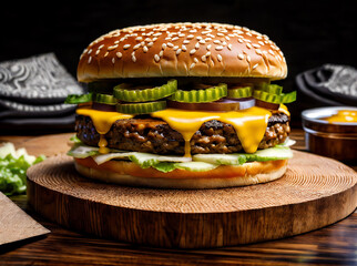 Appetizing hamburger on a wooden table

