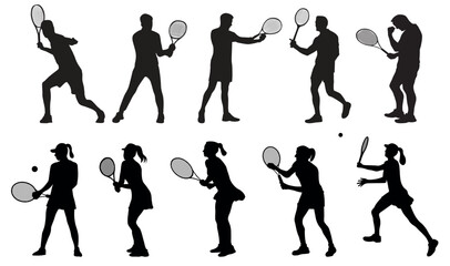 set of men and women tennis players silhouette on white background. Vector illustration