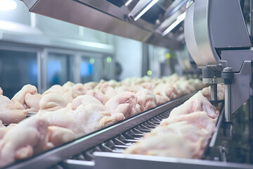 fresh chicken meat, plant, food industry, poultry processing, quality assurance, packaging line, production, automated system, conveyor system, food production, hygienic process - obrazy, fototapety, plakaty