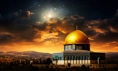Al Aqsa Mosque or Dome of the Rock in Jerusalem in the night isra mi'raj, Ramadan Kareem background