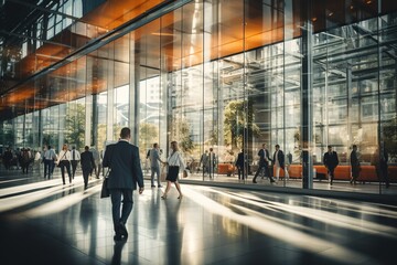 Business professionals walking in a modern office building