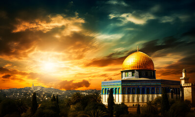 Fototapeta premium Al Aqsa Mosque or Dome of the Rock in Jerusalem, Palestine Israel. Sunset scene. The mosque where the Prophet's Isra and Mi'raj