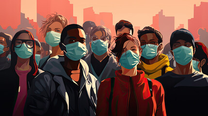 Group of people wearing medical masks to prevent the spread of dust, smoke, pollution - obrazy, fototapety, plakaty