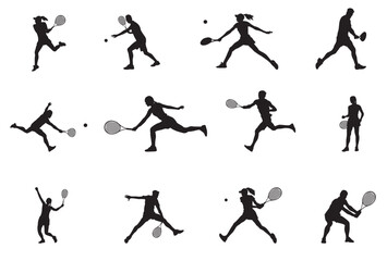silhouettes of tennis players - obrazy, fototapety, plakaty