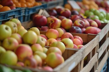 Crates of fresh fruit such as apples are for sale in the store. Buying vegetables and fruits at the market. 