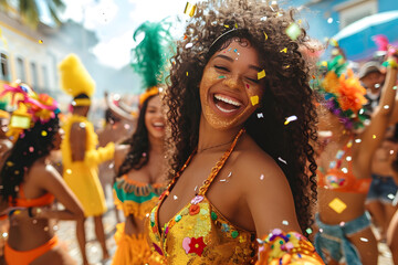A group of exuberant dancers in colorful traditional costumes celebrate at a sunny outdoor...