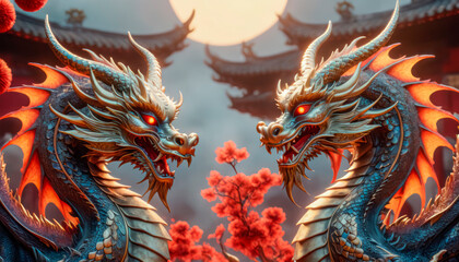 Dragons Yin and Yang, warriors of opposites. Two fantastic Chinese dragons. Year of the Dragon according to the eastern horoscope