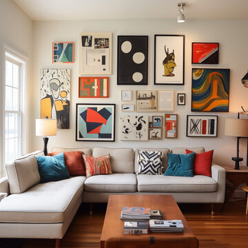 Cubist Art Gallery Wall in a Modern Living Room