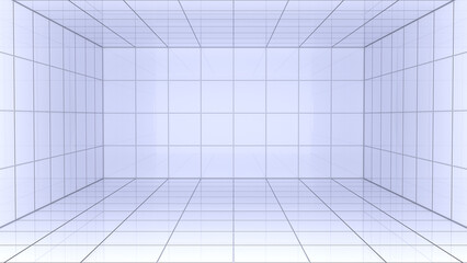 3D illustration of a spacious, empty room with grid lines, perfect as a modern background.