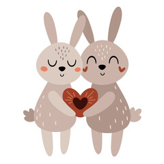Valentines day clipart. Valentines rabbits in cartoon flat style. Kids Valentines illustration.