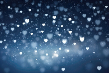 Abstract heart shaped snow on blue background.
