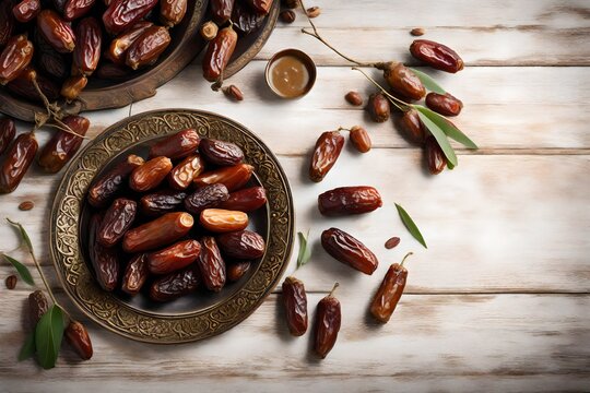 A rustic bronze plate elegantly arranged with fresh dates, placed on an aged white wooden table.  Ramadhan
