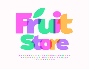 Vector trendy sign Food Store. Stylish Colorful Font. Set of bright Alphabet Letters and Numbers. 