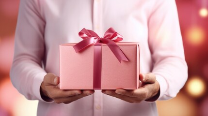 A man holds a pink gift for his beloved. Blurred background