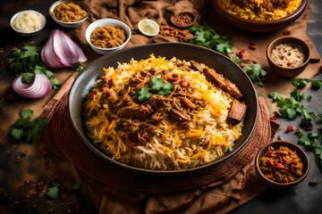 A bowl of creamy, aromatic biryani, layered with tender pieces of meat, fragrant spices, and garnished with fried onions.