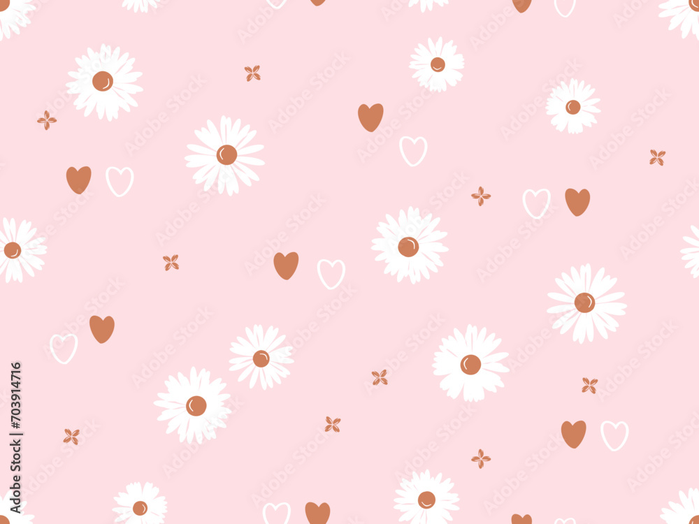 Canvas Prints Seamless pattern with daisy flower and gold hearts on pink background vector illustration.