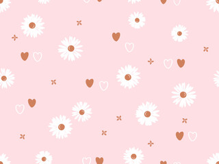 Seamless pattern with daisy flower and gold hearts on pink background vector illustration.