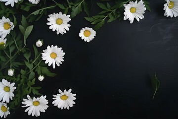 flowers . Captured from above top view, flat lay on white chalkboard background. Layout with free pace. clean, minimalist. in dark tone 8k, trending on Architectural Digest, trending on Archdaily, .