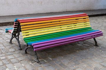 Bench painted in rainbow colors
