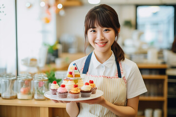 Obraz na płótnie Canvas カフェでデザートを運ぶ若い女性店員