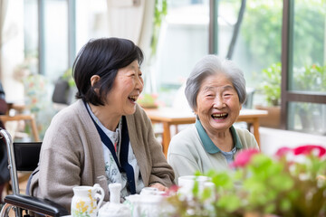 老人ホームで楽しそうに話をする高齢女性達