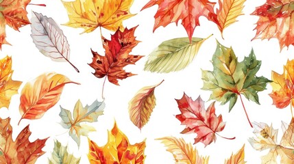 Fototapeta premium Autumns Whimsical Dance, A Vibrant Array of Leaves Gracefully Adorn a Serene White Canvas