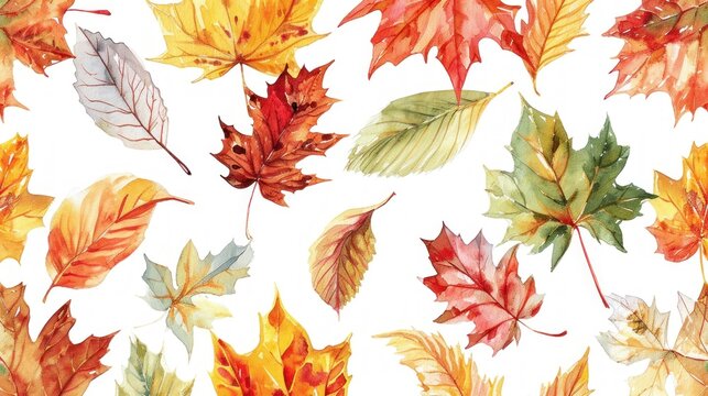 Autumns Whimsical Dance, A Vibrant Array of Leaves Gracefully Adorn a Serene White Canvas