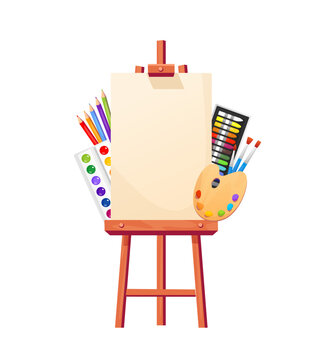 Cartoon easel with artist's elements. Vector illustration in flat style with colorful palette, paint brushes, paint, canvas and crayons isolated on white background. Back to school concept.