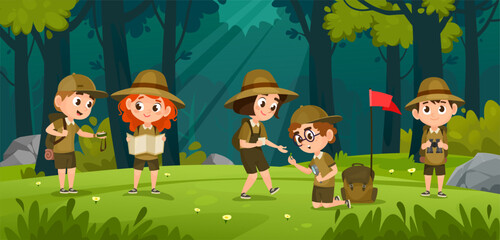 Kids Scouts summer camp vector illustration. Happy little boy scouts and girl scouts in the forest. Cute little tourists hiking and exploring nature. Camping cartoon vector illustration. - obrazy, fototapety, plakaty