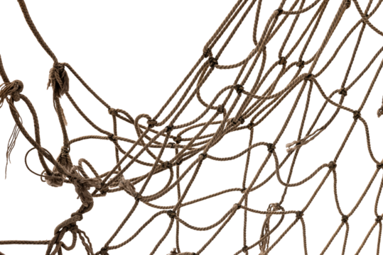 Torn Football or tennis net. Rope mesh on a white background close-up