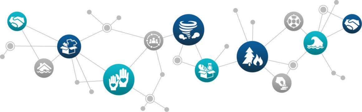 Volunteering / charity in a crisis vector illustration. Concept with connected icons related to natural disaster relief, volunteer non-profit organization or charity, donation & solidarity