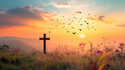  Silhouette cross and birds flying on meadow autumn sunrise