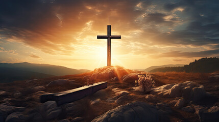 Christian cross on hill outdoors at sunset. Crucifixion Of Jesus