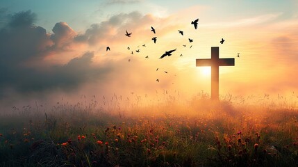  Silhouette cross and birds flying on meadow autumn sunrise - obrazy, fototapety, plakaty