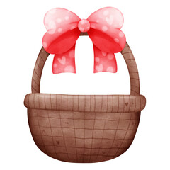 rattan basket with fresh vivid pink bow tie watercolor isolated