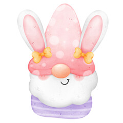 Cute bunny easter ear gnome in pink and purple costume with yellow ribbon colorful watercolor