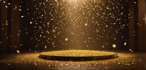 Golden confetti in the air for celebrations, golden platform - obrazy, fototapety, plakaty