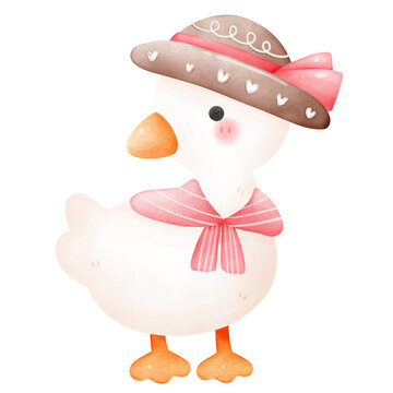 cute white mother duck wearing hat colorful watercolor