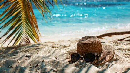 Serene Summer Escape, Exquisite Hat, Chic Sunglasses, and Majestic Palm Tree Unite on Sandy Beach