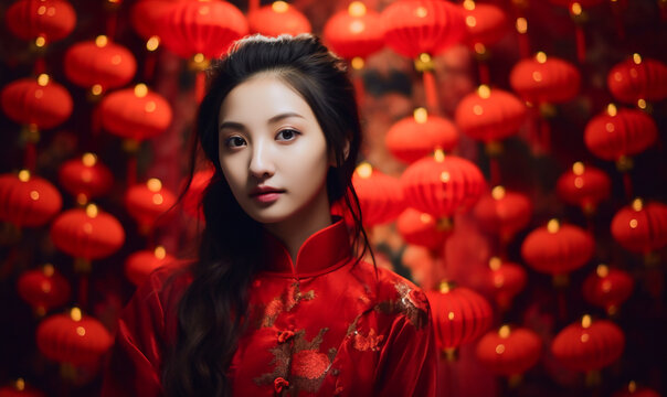 portrait of a woman in red dress with red lantern background at Chinese new year