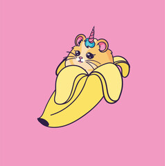 Cute kawaii illustration of hamster looks like unicorn in banana. Popular stickers ready for print. Pet in banana.