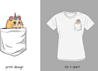 Funny cute kawaii hamster in my pocket design. Pet in the pocket. Ready for print illustration. 