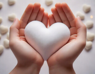 plush heart in hands. Soft light