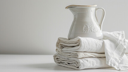 Long banner white vintage pitcher on stack of linen cotton towels. Kitchen interior. AI Generative