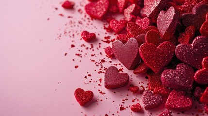 Fototapeta premium Shimmering Love, An Enchanting Heap of Ruby Glitter Hearts on a Blush Pink Canvas